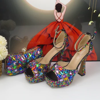 Brand de Cristal Multicolore Sandale de Vară de Pantofi de Mireasa si sac de Moda Sandale Cu Platforme Curea Glezna Fete Pantofi de Nunta