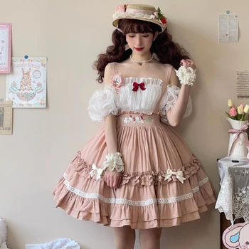 Japonia Stil Victorian Lolita Veșminte Femei De Pe Umăr Șifon Tricouri De Căpșuni Dulce Curea Rochie Fete Costum Gotic Cosplay Set