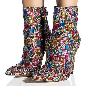 Mixt Color Cristal Decor Glezna Cizme a Subliniat Toe Pantofi pentru Femei Tocuri Subtiri de Mare Doamnă Sexy Sexy Pantofi 2023 Zapatos Para Mujere
