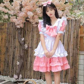 Noi Cosplay Lolita Maid Dress Super Drăguț Drăguț Roz Arc Menajera Scurt Fusta Set