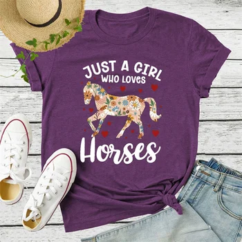 Doar O Fată Care Iubește Caii T Shirt pentru Femei Animal Print cu Maneci Scurte O Gât Vrac Femei Tricou Cadou Topuri Camisetas Mujer