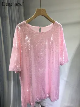 Industria grea Paiete T-shirt Femei 2023 Vara Gât Rotund Mid-Lungime Roz Dulce Mid-Lungime Maneca Scurta Top pentru Femei Îmbrăcăminte