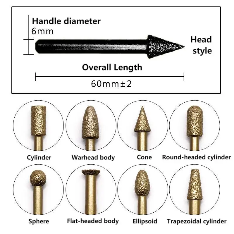 6mm Rotund Coadă Vid Brazate Diamant Burr Cap Grosier Rotativ Biți de Slefuire Fisier Rotativ Burghiu Instrument pentru Lemn & Sculptură în Piatră2