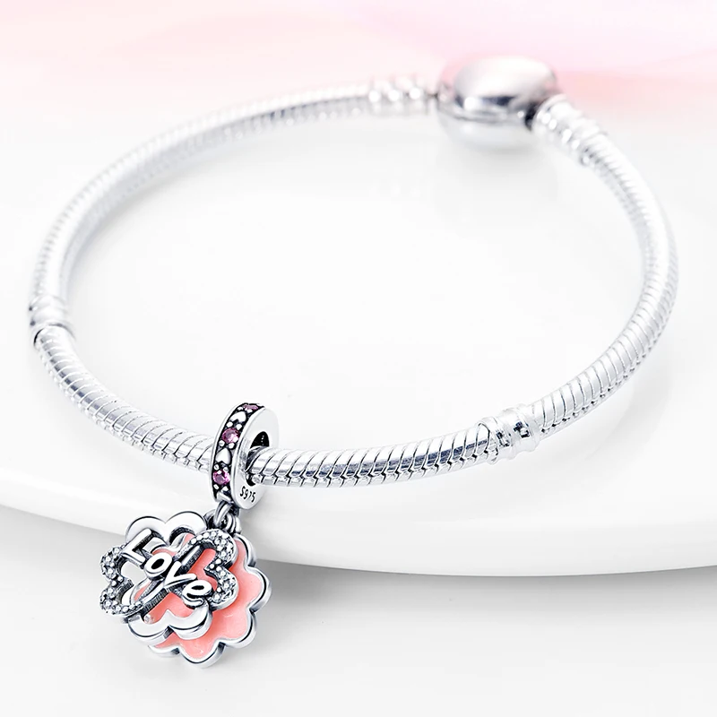925 de Argint culoare Roz in forma de inima flori duble farmec se potrivesc Pandora argint 925 original brățară farmec pentru femei cadouri bijuterii Diy2