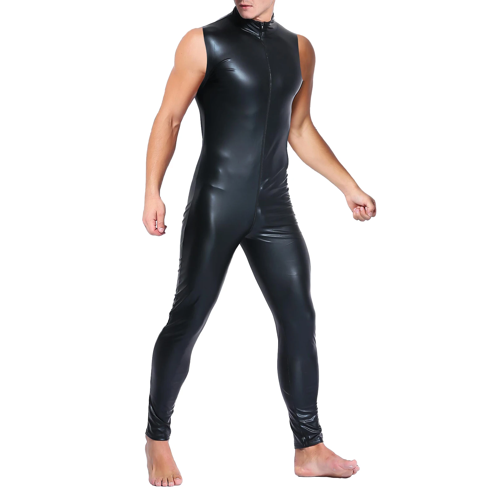 Black Mens Elastic strâns-Piele Body, Salopeta de Înaltă Guler fără Mâneci Fermoar Bodycon Costum Elastic Rave Costum Clubwear2