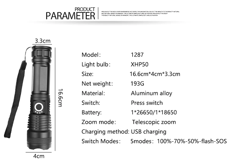 Cea mai Puternica Lanterna LED-uri USB Reîncărcabilă Lanterna XHP50 rezistent la apa 5 Moduri de Zoom 26650 18650 Baterie Vanatoare Camping2