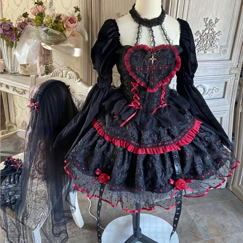 Dark Gothic Lolita Rochii Stil Victorian Femei Dantelă Ștreangul De Gât Bandaj Corset Jsk Rochie De Moda Japoneză Vacanță Rochie De Petrecere2