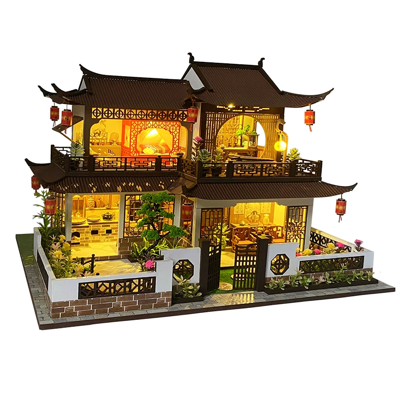 Diy Casa De Păpușă De Lemn Truse Model In Miniatura Cu Mobilier Lumini Stil Chinezesc Mari Vila Casa Vila De Păpuși Jucării Pentru Adulți Cadou2