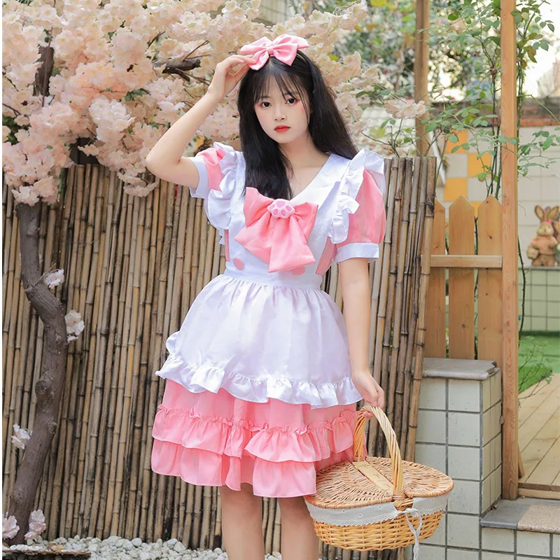 Noi Cosplay Lolita Maid Dress Super Drăguț Drăguț Roz Arc Menajera Scurt Fusta Set2