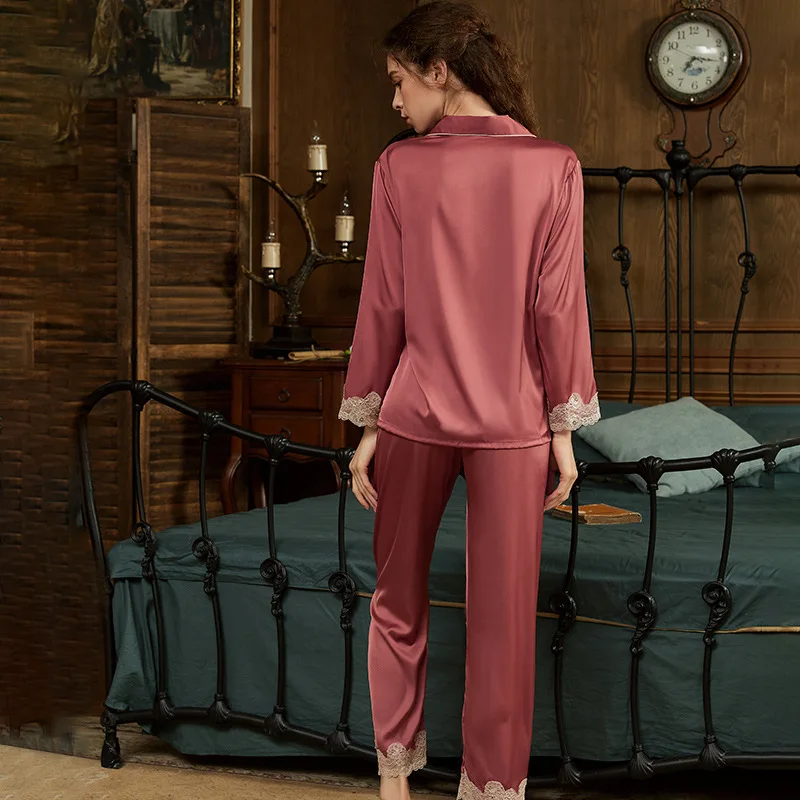 Noi Feminin Pijamale Set Primavara-Vara Sleepwear 2 BUC Camasa si pantaloni Sexy Dantelă Asieta Pijamale Costume cu Pantaloni Casual Raionul de Haine de Acasă2