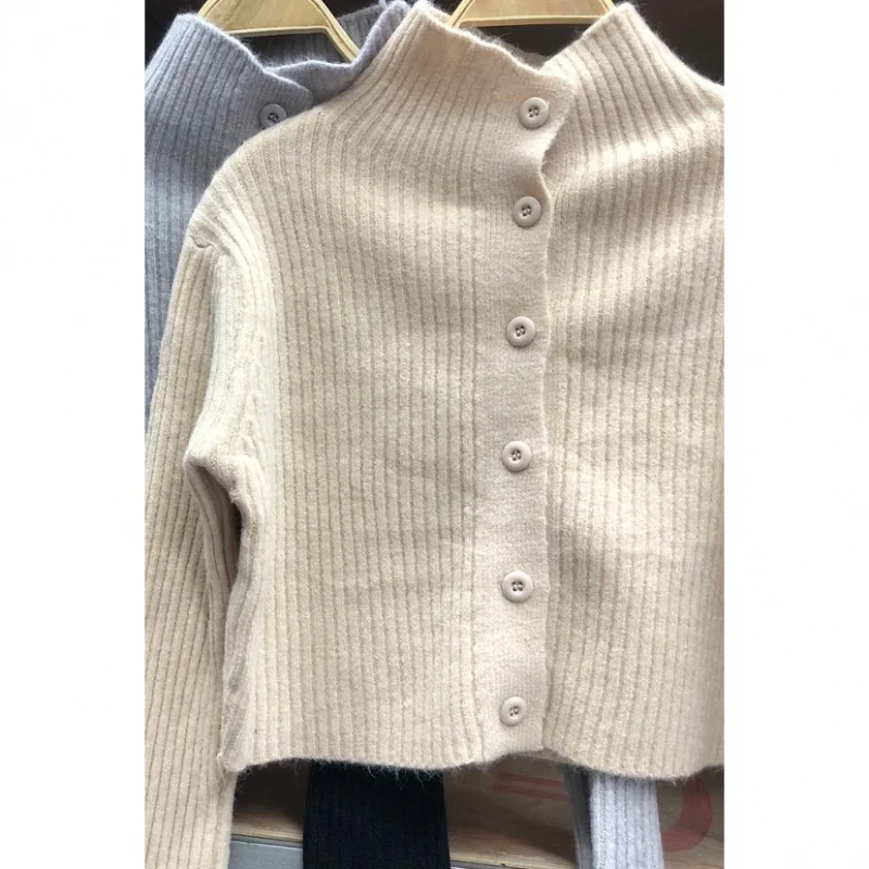 Noua versiunea coreeană maneci lungi tricotate cardigan scurt Design de top pieptul singur pulover haina2