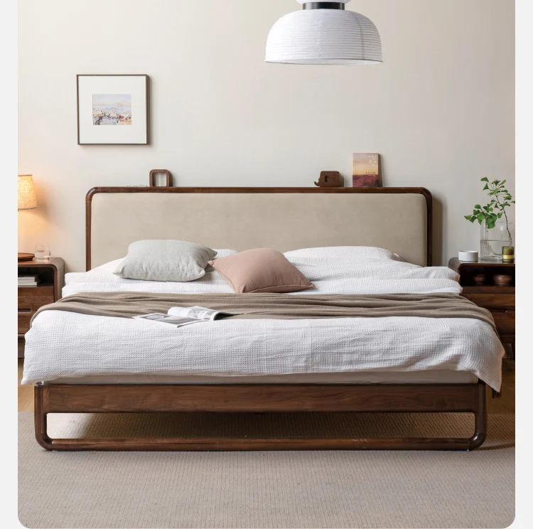 Personalizat Nord-American de nuc negru, lemn masiv, pat Nordic modern, simplu suspendat moale dormitor log mobilier pat Dublu personalizat2