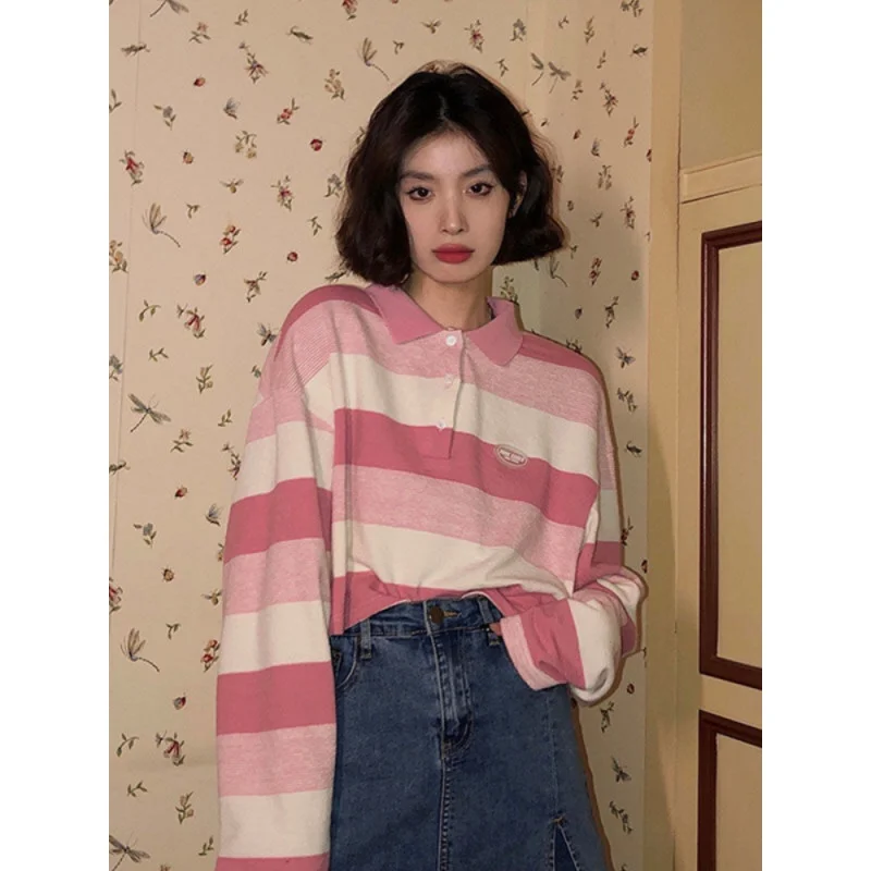 Roz Cu Dungi Tricouri Fetele Harajuku Moda Coreeană Supradimensionat Maneca Lunga Tricouri Femei Kawaii Stil Preppy Bază Tees2