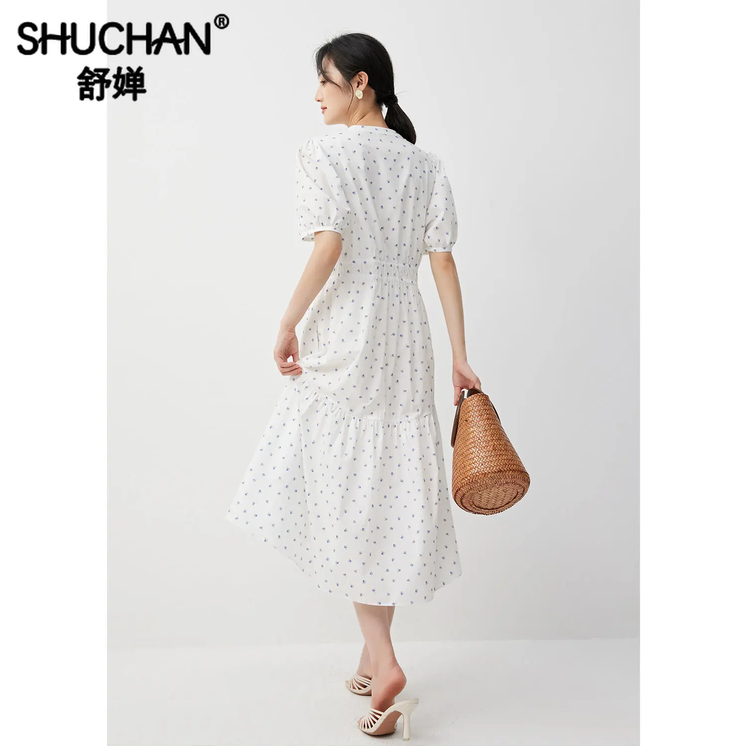 Shuchan Imprimare Femei Rochie Sfoara din Bumbac 100% O-LINIE Mijlocul lunii Vițel Puff Sleeve V-Neck Vestidos Elegantes Para Mujer2