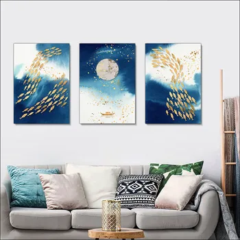 Nordic Arta de Perete Panza Pictura cu Rama, Pictura Abstracta de Pești Mici, Strălucitoare Lună Poster Adăugați Cadru, de Aur, de Geometrie și de P