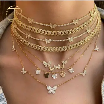 De lux Placat cu Aur de 18K Cubic Zirconia Blingbling Fluture Coliere Pentru Femei Plin de Cristal Fluture Cravată Colier Din Aur