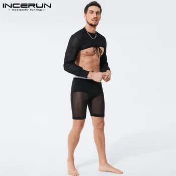 INCERUN Confortabil Homewear Bărbați Seturi Sexy de Agrement de Scurtă Bluza Cinci puncte Pantaloni Stretch Culoare Solidă Costume la Modă S-5XL