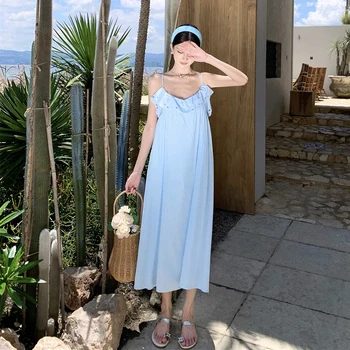 Vara Broderie Albastru Midi Haine Femei Moda Coreeană Plajă Gol Rochie 2023 Elegant Licitație Lolita Rochie Fara Spate