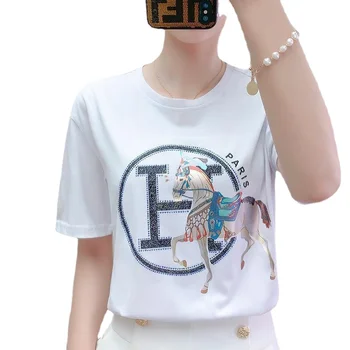 Femei Bumbac cu Mânecă Scurtă T-shirt 2023 Noua Moda Stras rotund Gat Îmbrăcăminte pentru Femei plus Dimensiune Anti-Îmbătrânire Slăbire Sus