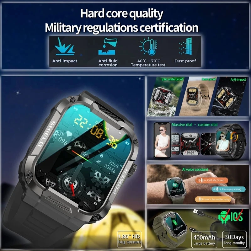 2023 Nouă Bărbați Militare Ceas Inteligent în aer Liber Bluetooth Asteptare Busola rezistent la apa IP68 Ceas Inteligent Este Potrivit Pentru Android iOS.3