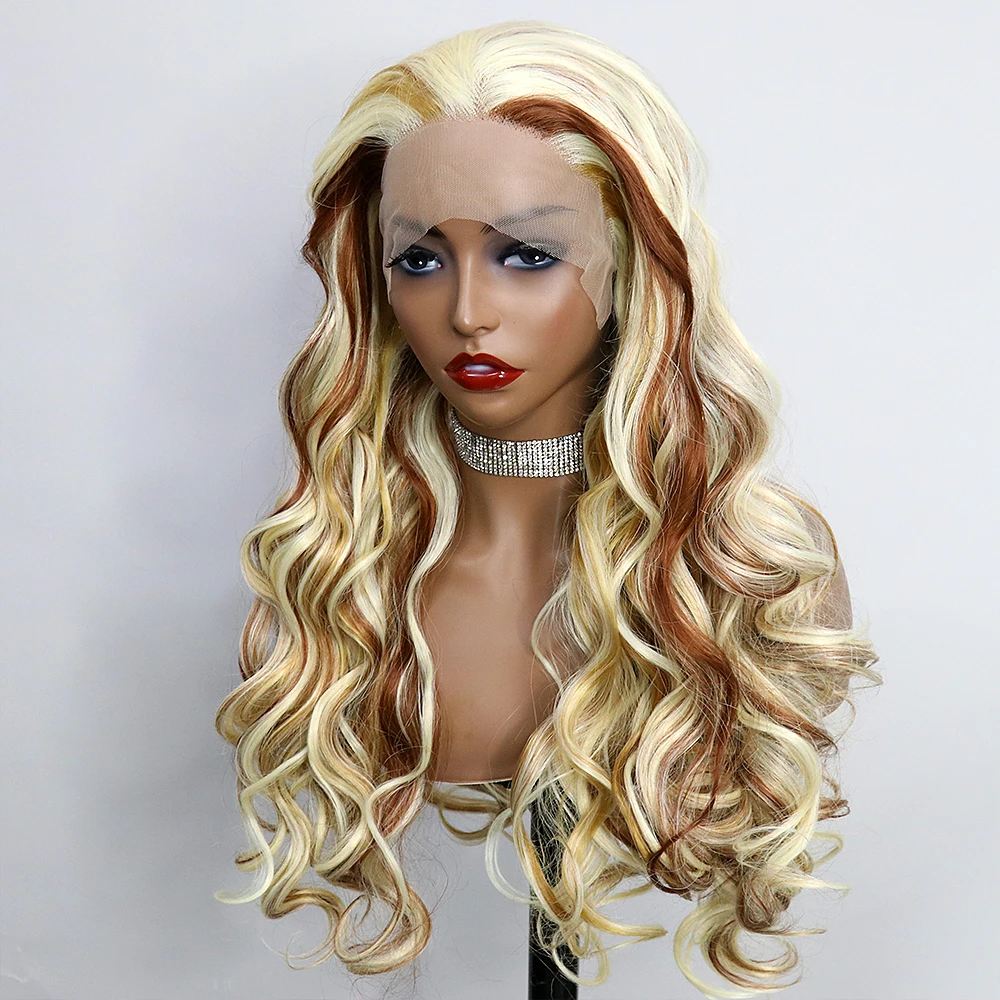 30 Inch Evidenția Blonda Culoare Glueless 13x4 Sintetice Dantelă Față Pre Smuls Corp Transparent Val Cosplay Peruci Pentru Femeile 180%3