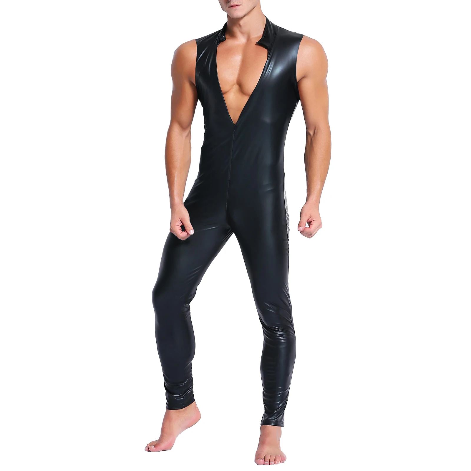 Black Mens Elastic strâns-Piele Body, Salopeta de Înaltă Guler fără Mâneci Fermoar Bodycon Costum Elastic Rave Costum Clubwear3