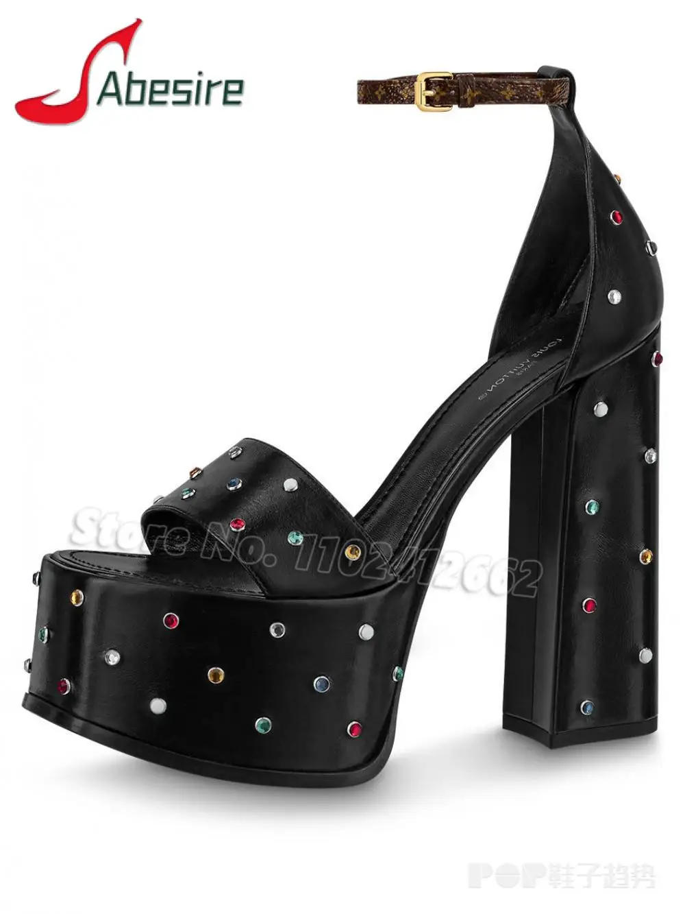 Bling Cristal Sandale cu Platforma pentru Femei Pătrat Negru Deschis Deget de la picior Glezna cu Cataramă Tocuri Înalte de Moda de Vara Indesata Toc Pantofi pentru Femei3