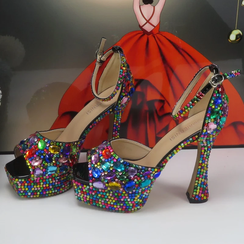Brand de Cristal Multicolore Sandale de Vară de Pantofi de Mireasa si sac de Moda Sandale Cu Platforme Curea Glezna Fete Pantofi de Nunta3