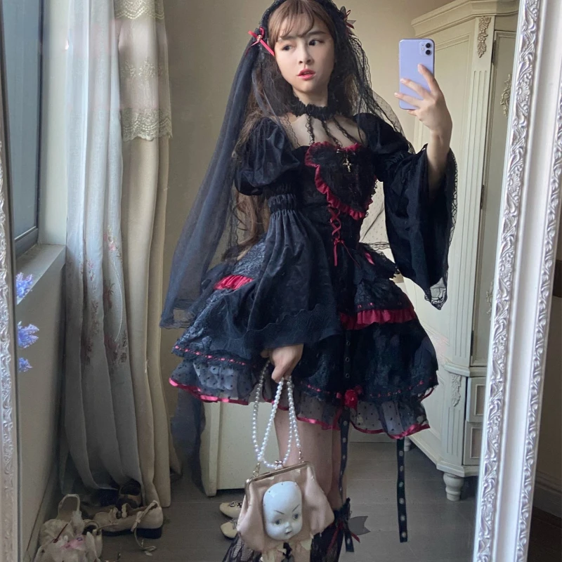 Dark Gothic Lolita Rochii Stil Victorian Femei Dantelă Ștreangul De Gât Bandaj Corset Jsk Rochie De Moda Japoneză Vacanță Rochie De Petrecere3