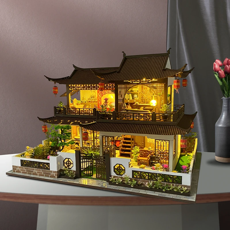 Diy Casa De Păpușă De Lemn Truse Model In Miniatura Cu Mobilier Lumini Stil Chinezesc Mari Vila Casa Vila De Păpuși Jucării Pentru Adulți Cadou3