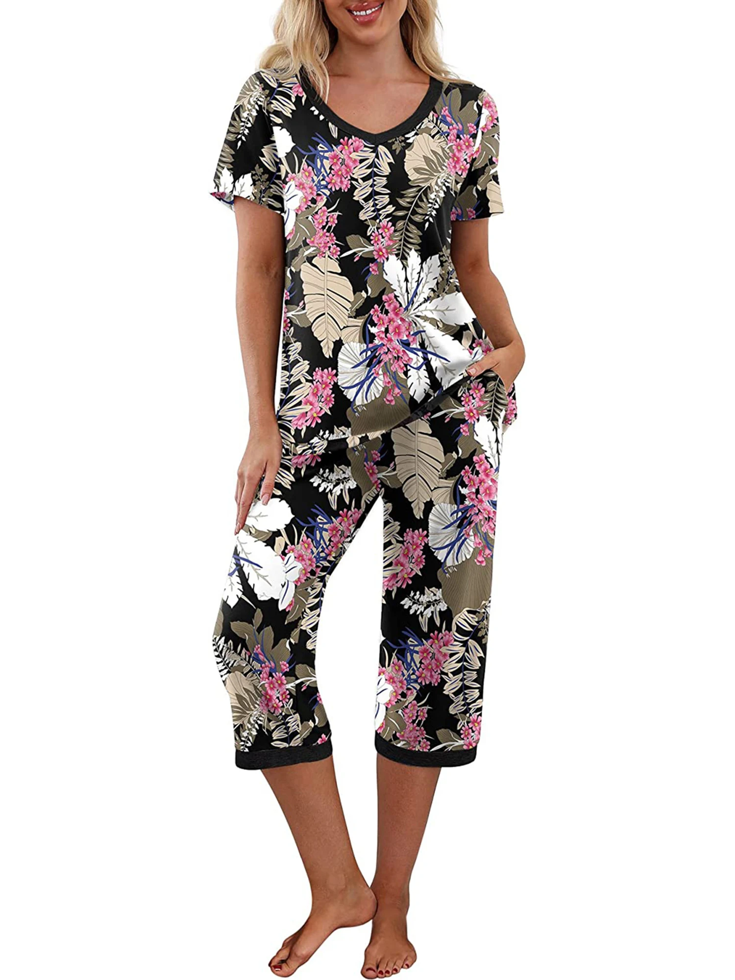 Femeile s imprimeu Floral, Maneci Scurte Set Pijama cu Elastic Pantaloni Capri - Confortabil Body pentru Soft Pijamale și îmbrăcăminte de noapte3