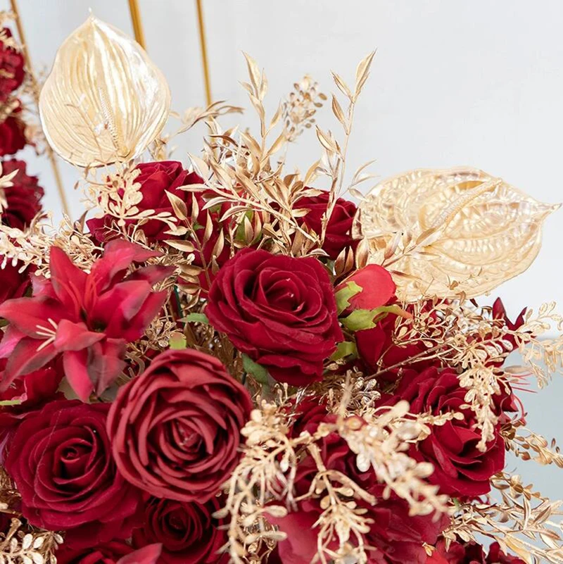 Flori artificiale pentru Decor Roșu, Rose de Aur Frunze Aranjament pentru Nunta Fundal Etapa Decor Duce Drumul Geometric Standuri3