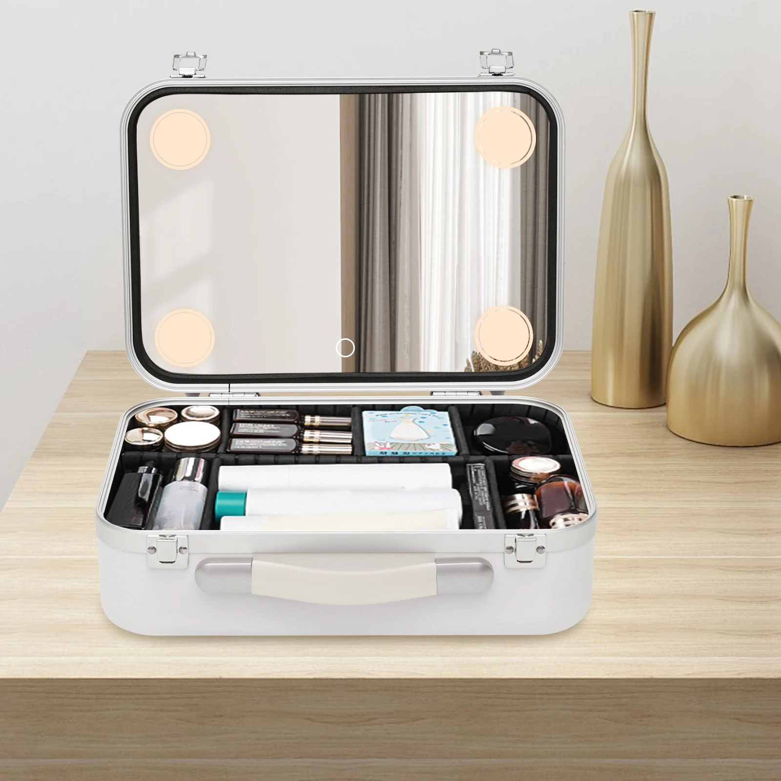 Portabile Organizator Cosmetice Machiaj Cutie de Depozitare 3-Nivel de Frumusețe Caz Multifunctional Cu LED-uri de Lumină și Oglindă3