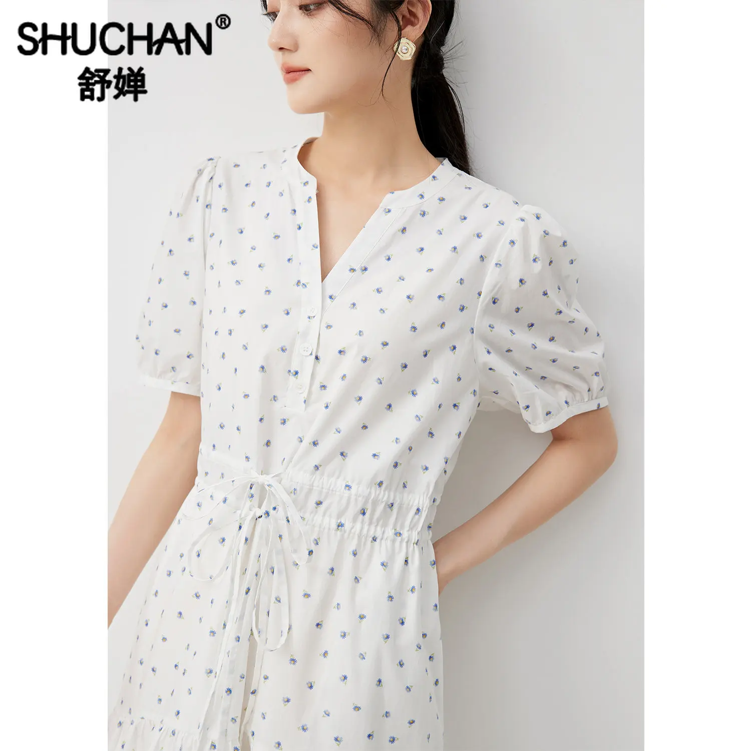Shuchan Imprimare Femei Rochie Sfoara din Bumbac 100% O-LINIE Mijlocul lunii Vițel Puff Sleeve V-Neck Vestidos Elegantes Para Mujer3
