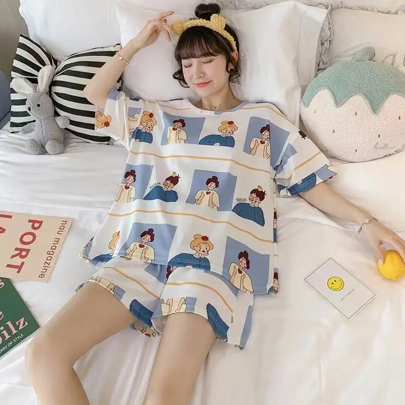 Vara Femei Fata De Moda Scurt Pijamale, Costume De Student De Desene Animate Drăguț Faux Mătase Pijamale Seturi3