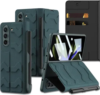Piele Caz pentru Samsung Galaxy Z Fold 5 Stand Caz cu Slot pentru Card și Ecran Protector,360° Complet Corpul Balamalei de Protecție din Piele