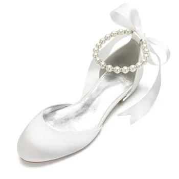 Perle din Satin de Nunta Apartamente de Mireasa Rotund Toe Panglică Cravată de Seara Formale Rochie de Petrecere Pantofi Femei Plat Sandale Mireasa