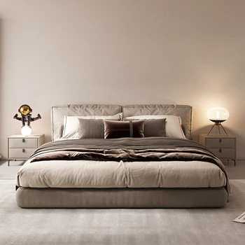 Material pat dublu Nordic modern, simplu, dormitor matrimonial pat de nuntă de lux lumina italiană minimalist pat mare, podea joasă pat tatami