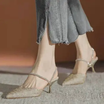 Încălțăminte Stiletto Pantofi pentru Femei Papuci de Vara 2023 Bej Sandale pentru Femeie Pietre de Diamant Subțire Tocuri Ascuțite Toe Închis F