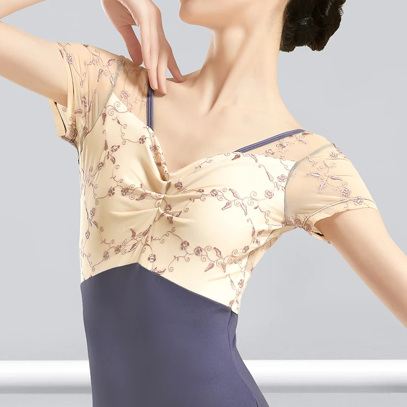 Balet Tricouri pentru Femei Broderie Piața Guler Dans Tricouri Nailon Lipitură de Balet Body Maneca Scurta Gimnastica Tricouri4