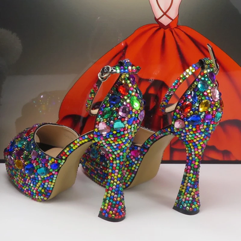 Brand de Cristal Multicolore Sandale de Vară de Pantofi de Mireasa si sac de Moda Sandale Cu Platforme Curea Glezna Fete Pantofi de Nunta4