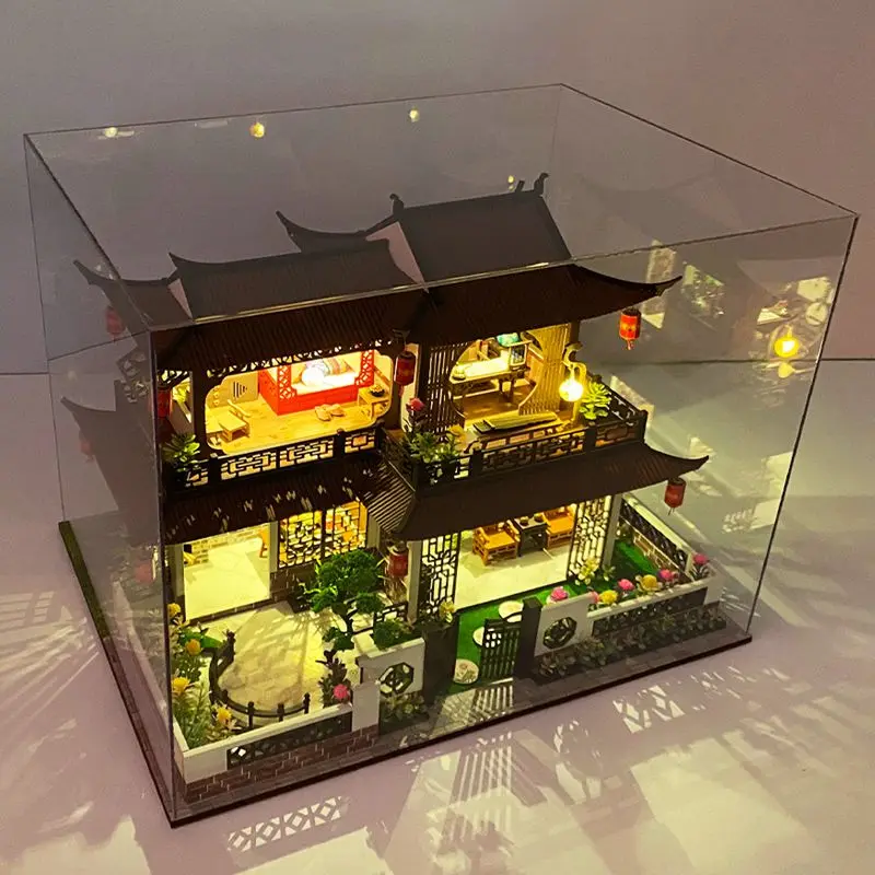 Diy Casa De Păpușă De Lemn Truse Model In Miniatura Cu Mobilier Lumini Stil Chinezesc Mari Vila Casa Vila De Păpuși Jucării Pentru Adulți Cadou4