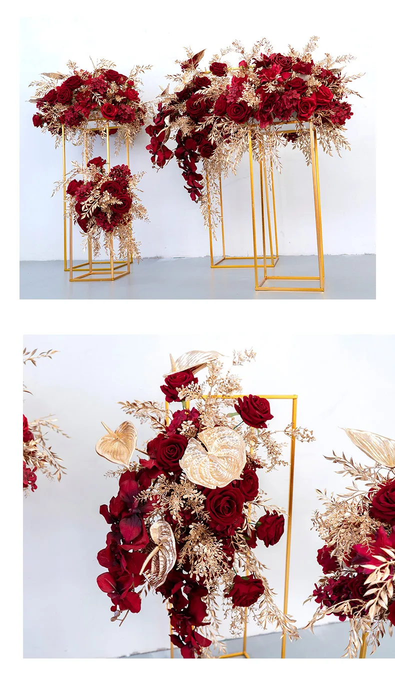 Flori artificiale pentru Decor Roșu, Rose de Aur Frunze Aranjament pentru Nunta Fundal Etapa Decor Duce Drumul Geometric Standuri4