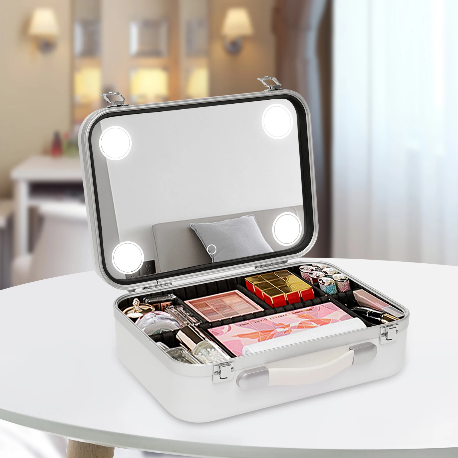 Portabile Organizator Cosmetice Machiaj Cutie de Depozitare 3-Nivel de Frumusețe Caz Multifunctional Cu LED-uri de Lumină și Oglindă4