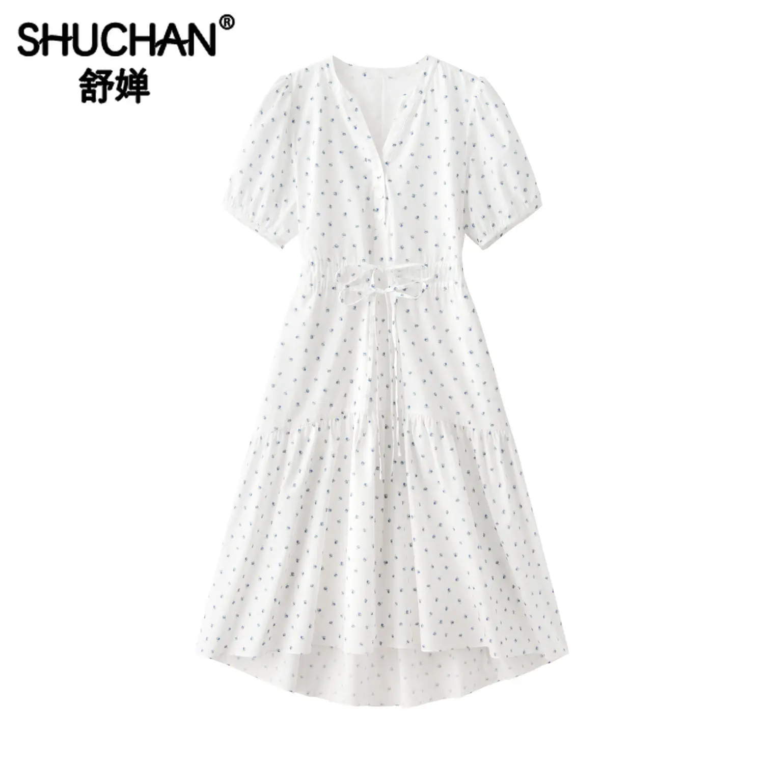 Shuchan Imprimare Femei Rochie Sfoara din Bumbac 100% O-LINIE Mijlocul lunii Vițel Puff Sleeve V-Neck Vestidos Elegantes Para Mujer4