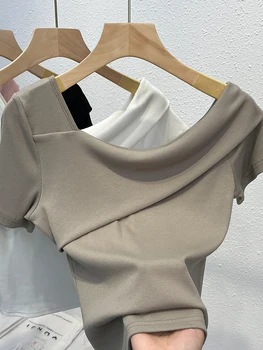 Sens de proiectare diagonala umăr maneca scurta tricou de vara pentru femeie subțire subțire cămașă neregulate unice clavicula sexy top.