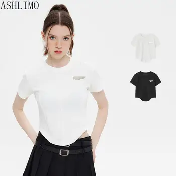 ASHLIMO Harajuku simplu și versatil alb t-shirt de sex feminin de vară cu mâneci scurte asimetrice buric scurt paragraf de sus