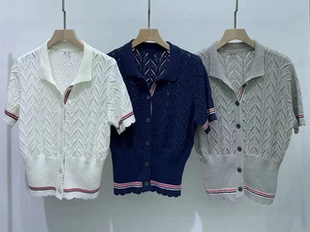 De înaltă Calitate TB coreean Gol Afară de Val Marginea Polo Neck Knit Shirt pentru Femei Maneci Scurte de Vară Sens de Design de Top Tricot pentru Femei