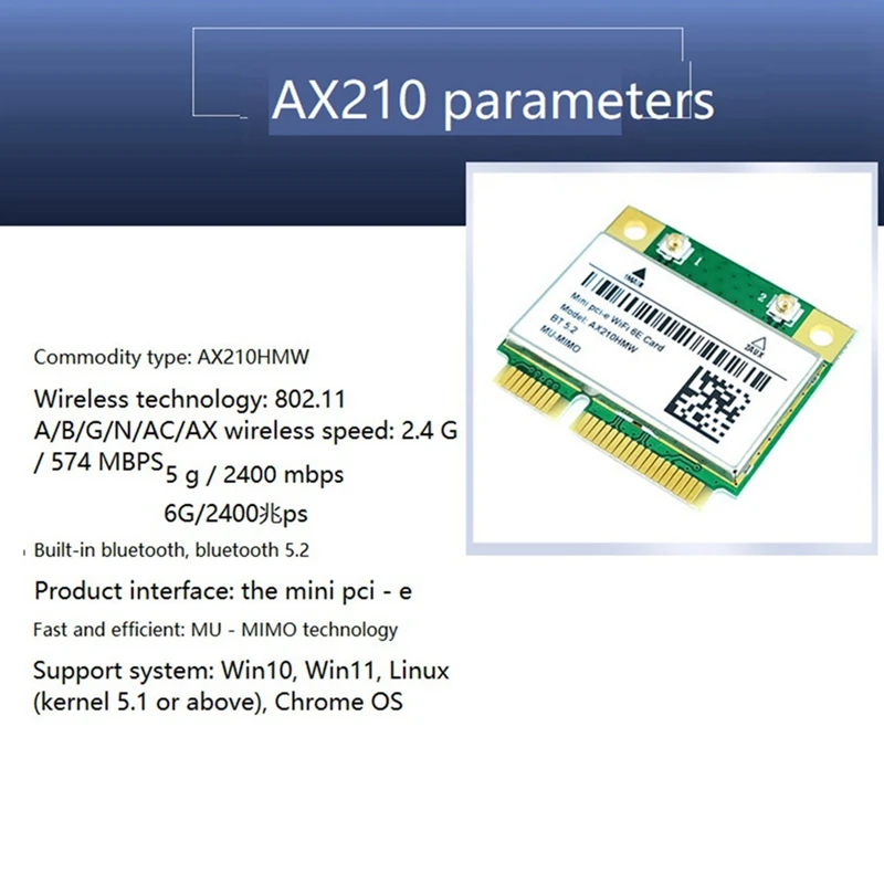 AX210HMW placa Wifi Cu Antena Wifi 6E Mini PCI-E AX210 802.11 Ax/Ac, 2.4 G/5G/6Ghz BT5.2 Adaptor Wireless Pentru Laptop5