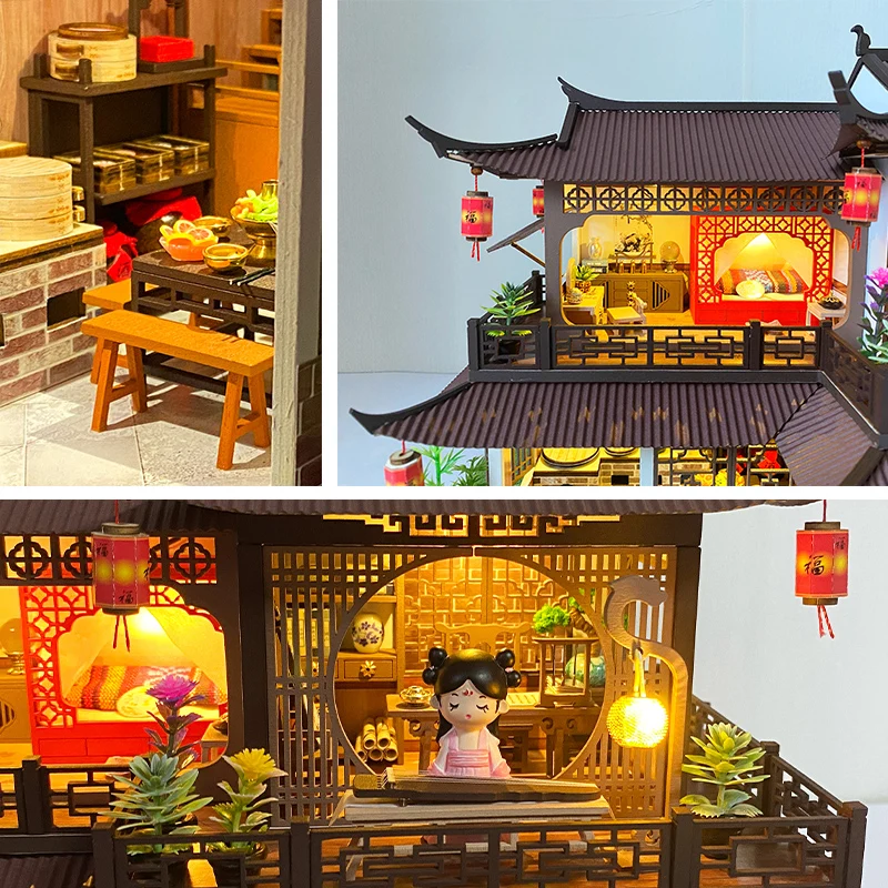 Diy Casa De Păpușă De Lemn Truse Model In Miniatura Cu Mobilier Lumini Stil Chinezesc Mari Vila Casa Vila De Păpuși Jucării Pentru Adulți Cadou5
